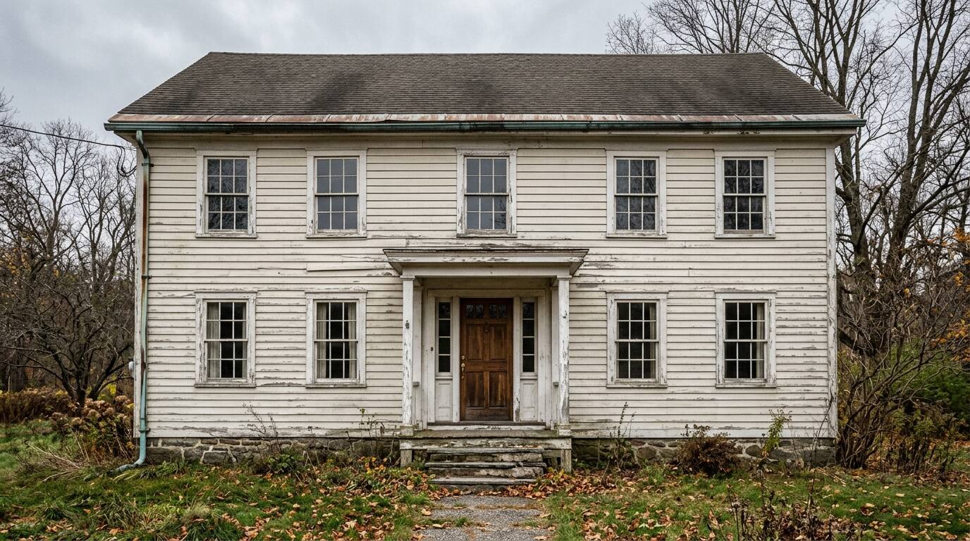 Worn house with faded, peeling siding under a cloudy sky
