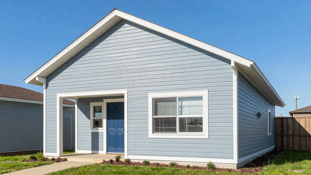 Renovated house with new blue-gray siding under a clear sky