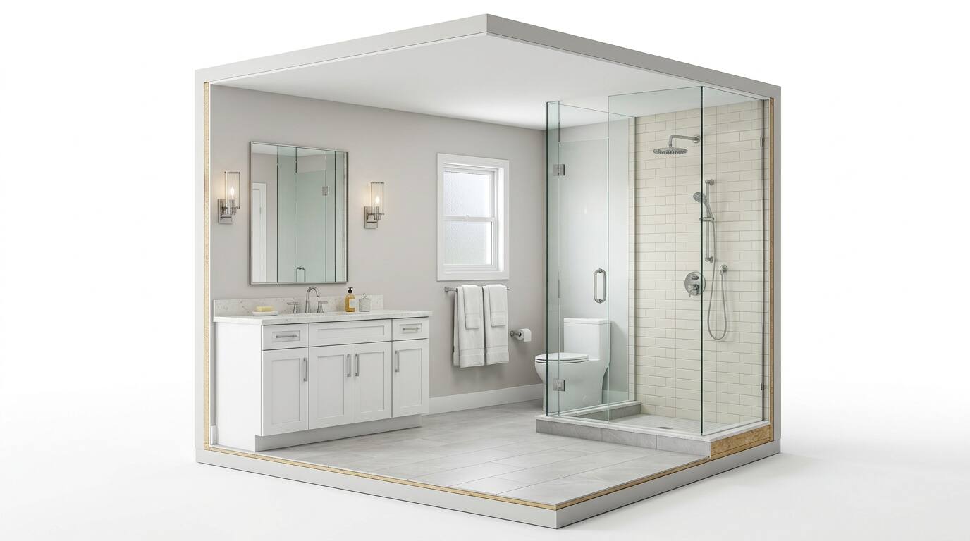 Remodeled bathroom with white vanity and tiled glass shower