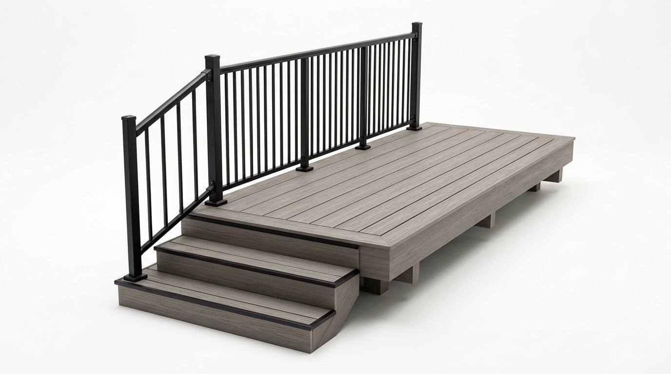 New composite deck with black railing and steps