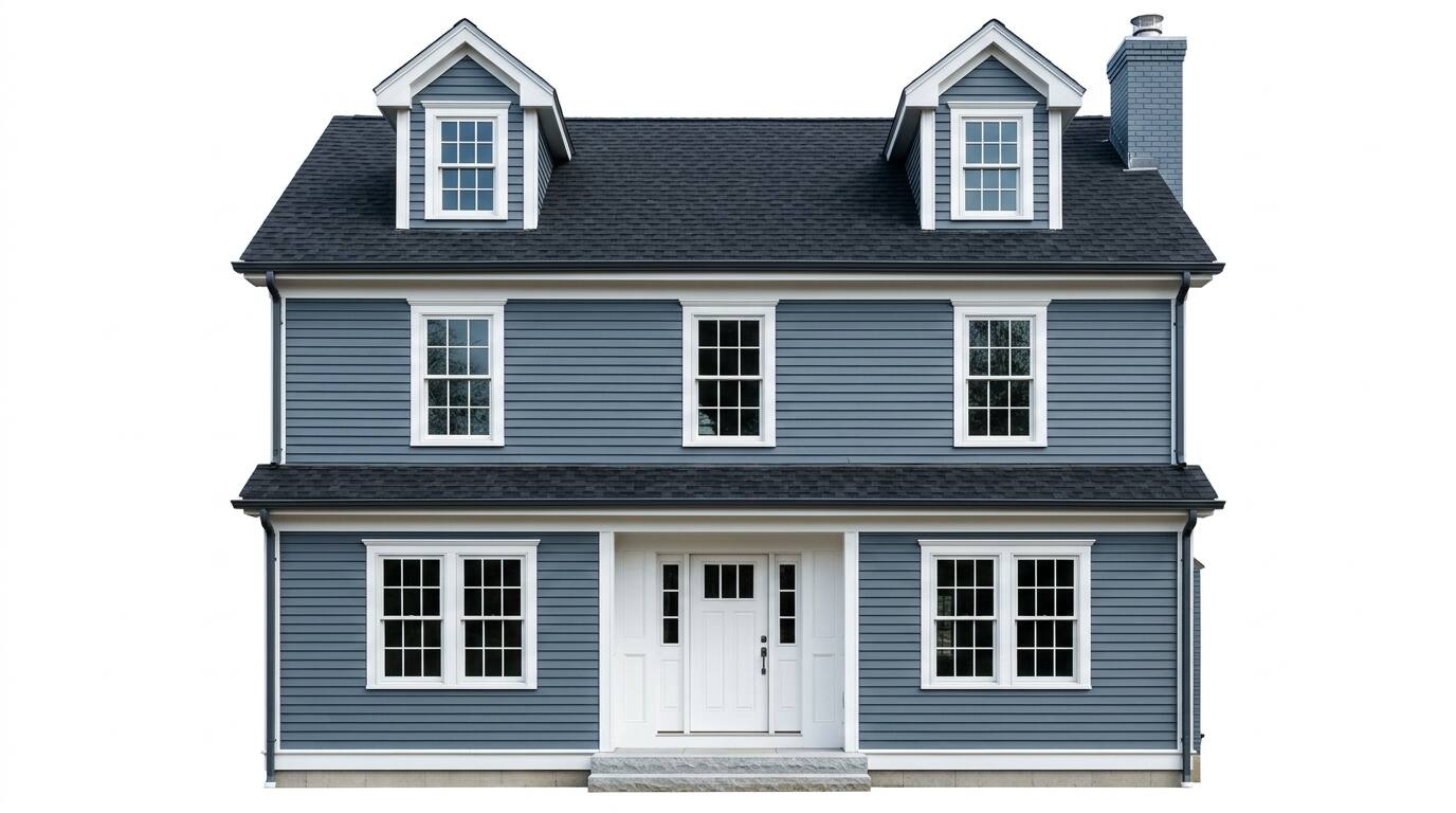 Two-story New England house with new blue-gray siding, dark roof and gutters